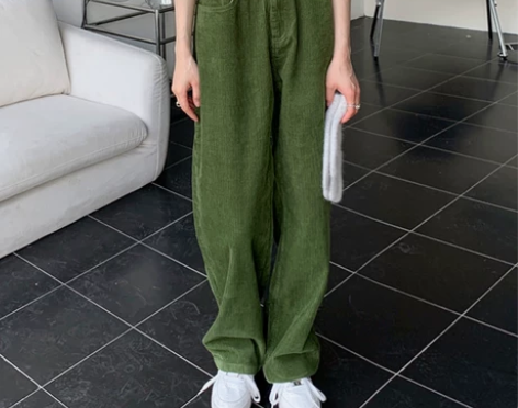 绿色灯芯绒裤子女春秋季2022新款高腰垂坠...