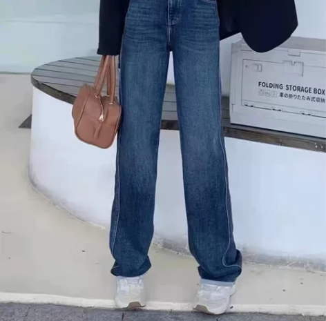 深蓝色阔腿牛仔裤女2022新款直筒显瘦拖地...