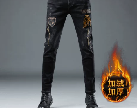 欧洲站高端牛仔裤男弹力修身直筒男士加绒加厚...