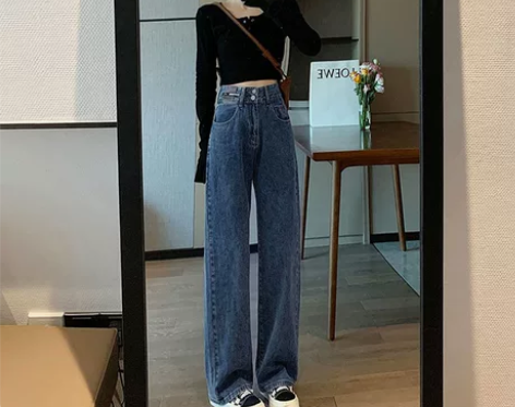 高腰休闲裤 长裤高腰韩国阔腿裤女春夏薄牛仔...