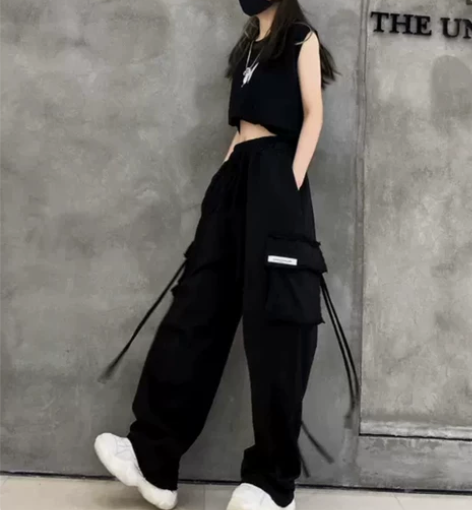 黑色休闲阔腿直筒裤女嘻哈风长裤纯棉高腰显瘦...