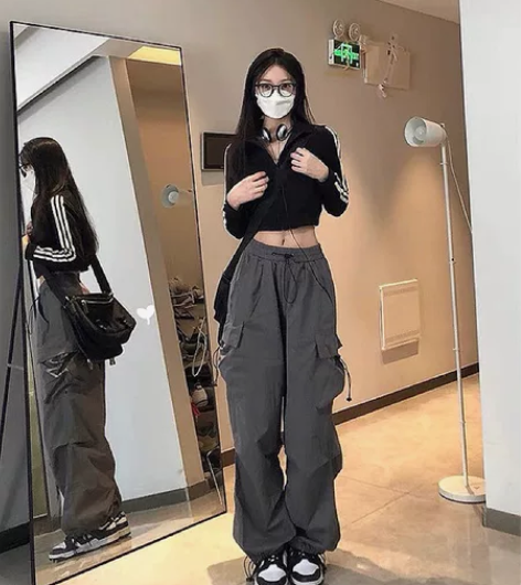 包邮美式复古直筒阔腿工装裤女春秋高腰显瘦宽...