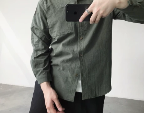 春秋韩版简约纯色休闲男装衬衣 日系复古水洗...