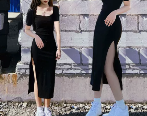 夏装开叉连衣裙性感收腰紧身辣妹纯欲风开衩长...