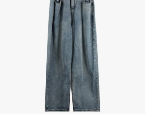 蓝色阔腿牛仔裤女夏季复古裤子宽松直筒裤设计...
