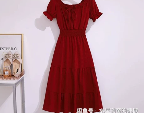 复古收腰显瘦可两穿一字领露肩中长款雪纺连衣...