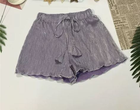 时尚显瘦 2018新款韩版百褶亮丝闪光短裤...