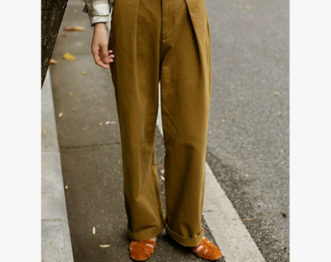 野棠自制百搭复古休闲裤女春秋港风高腰直筒裤...