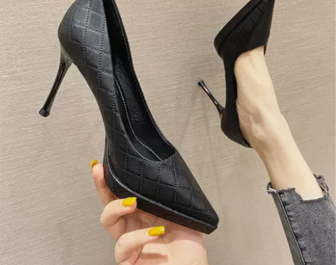 欧美时尚格子10cm黑色超高跟鞋细跟防水台...