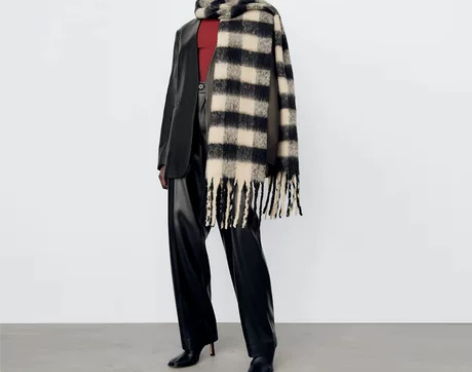 欧美冬季ZA黑白格子围巾女加厚柔软毛绒感仿...