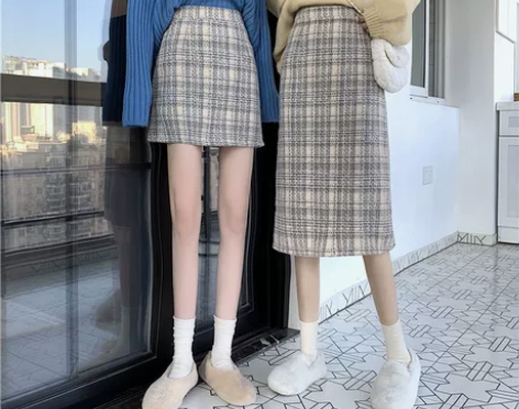 小香风格子半身裙女秋冬季中长款高腰a字直筒...