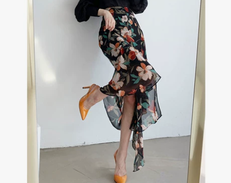 鱼尾裙半身裙雪纺中长款垂感碎花a字不规则印...