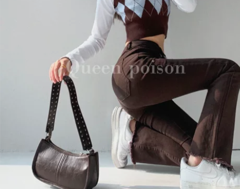 美式复古焦糖色微喇叭裤女春高腰显瘦毛边牛仔...