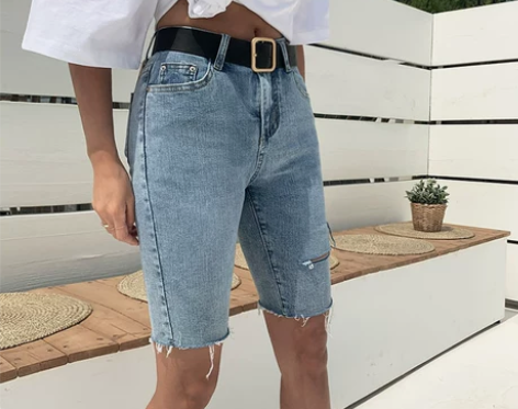 高腰牛仔短裤女2019新款夏季破洞紧身中裤...