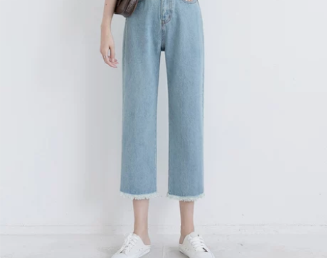 春夏新款韩版复古高腰毛边宽松阔脚牛仔裤七分...