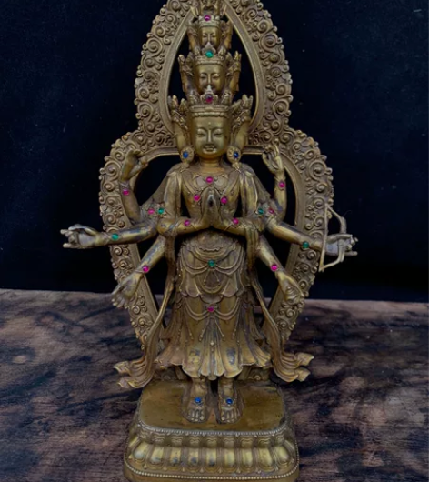 藏传佛像尼泊尔纯铜鎏金工艺千手观音菩萨像 ...