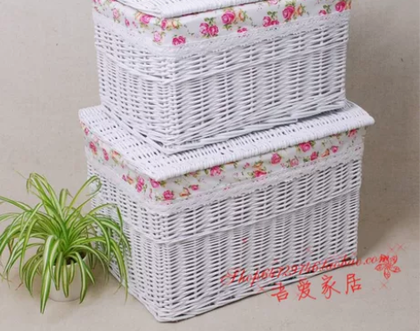 柳编藤编收纳筐收纳箱特大号有盖 白色田园编...