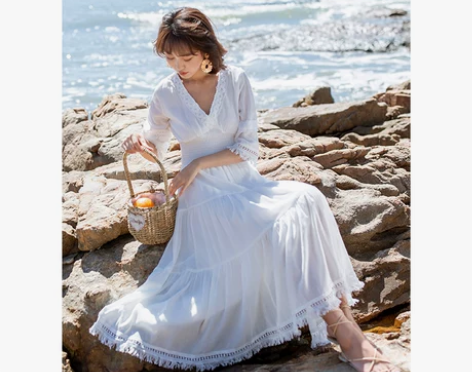 全新!映衬旗舰店:白色长裙仙气质海边度假连...