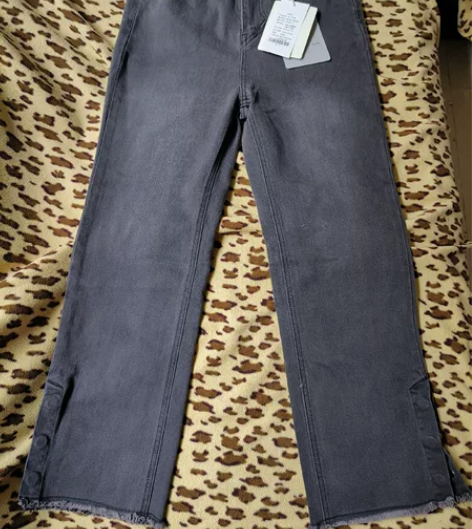 品牌毛边烟灰色侧开叉设计感半松紧带阔腿直筒...