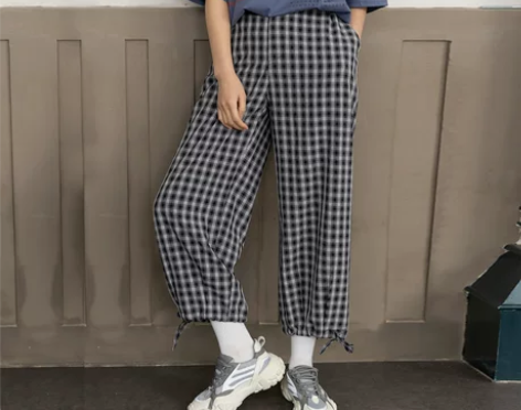 禾萍小个子日系复古格子裤夏季裤子女2021...
