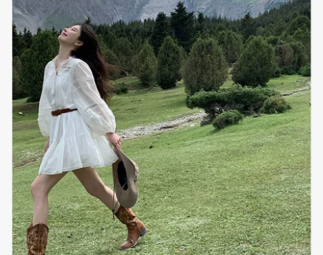 连衣裙长裙蕾丝镂空收腰娃娃公主裙长袖白色女...