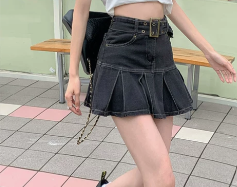 ZYZA复古牛仔短裙女夏防走光百褶裙高腰显...