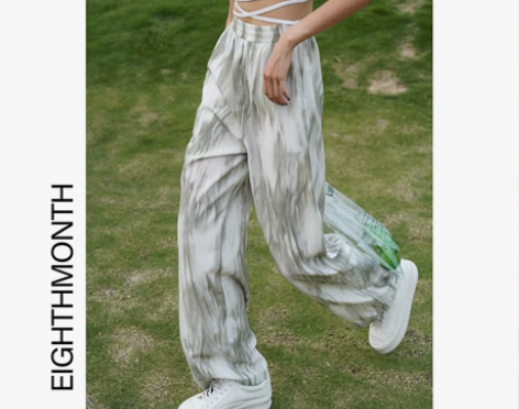 EM 绿色渐变扎染休闲裤女2021年春夏新...