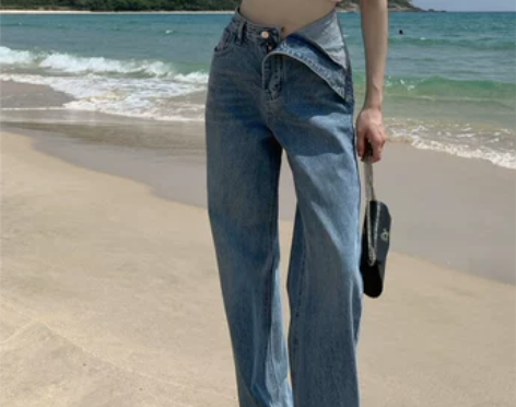 给钱就出!高腰不规则翻边牛仔裤女夏季显瘦阔...