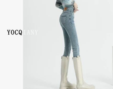 2022冬季浅蓝色加绒弹力高腰牛仔裤子女