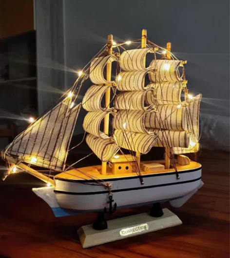 帆船模型摆件带灯木质工艺船客厅装饰品一帆风...
