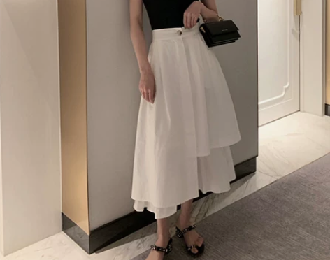 复古宽松高腰A字裙过膝中长不规则半身裙女夏...