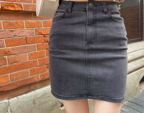 秋冬黑灰色高腰高弹包臀修身直筒显瘦牛仔半身...