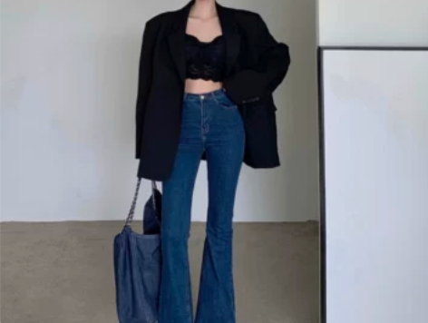 港风复古深蓝色微喇牛仔裤女装秋季高腰修身显...