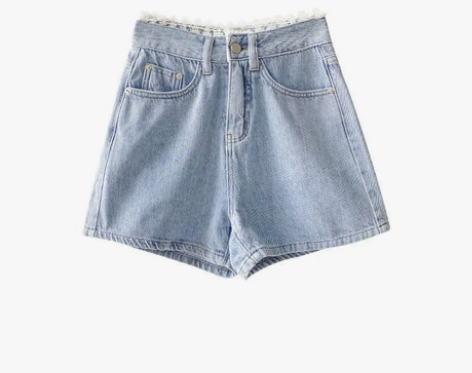 温柔花边牛仔短裤女宽松休闲直筒阔腿裤高腰显...