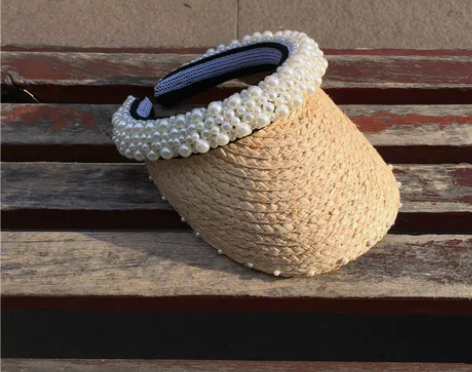 草编珍珠空顶帽 遮阳帽防晒网红手工拉菲草草...