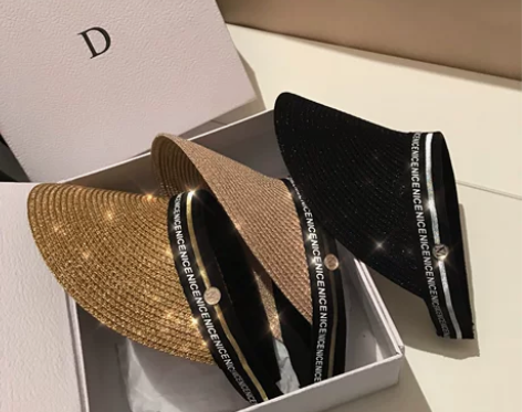 法国M字亮片遮阳帽子女夏天韩版百搭空顶草帽...