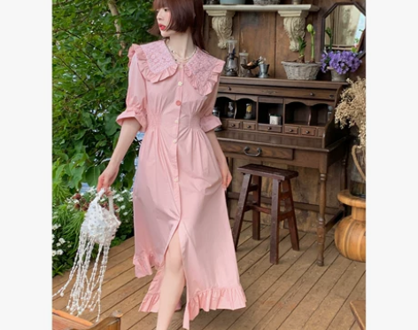 乌龙羊/法式娃娃领粉色连衣裙女夏高级感气质...