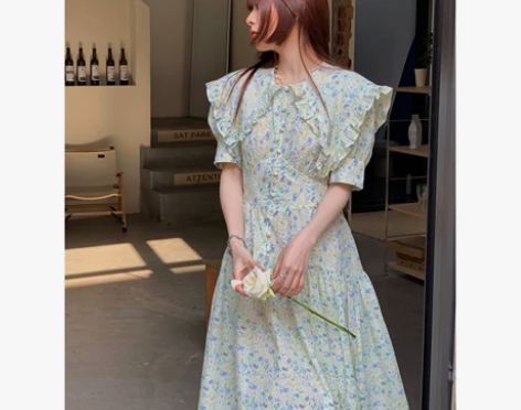 乌龙羊/法式碎花连衣裙女夏高级感收腰显瘦裙...