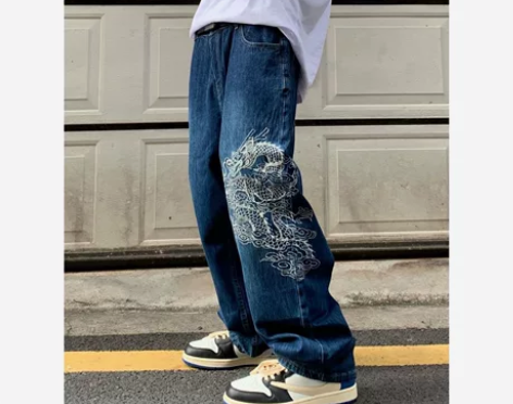 国潮高街hiphop刺绣牛仔裤男女街头滑板...