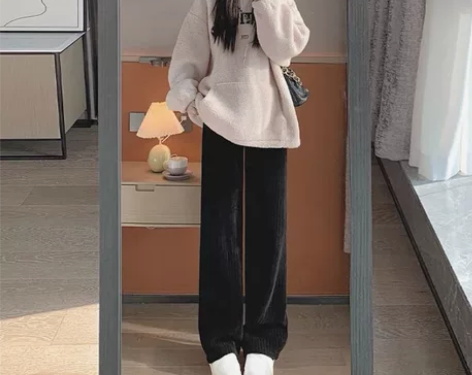 黑色雪尼尔阔腿裤女秋冬季高腰垂感加绒直筒裤...