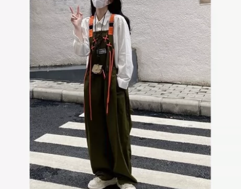 拼色绑带设计感工装背带裤春秋新款宽松韩版直...