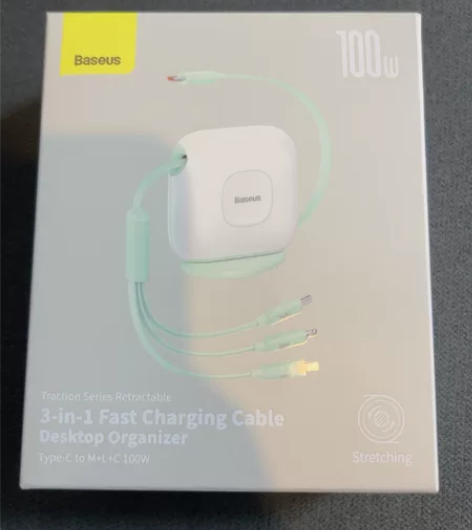 倍思100W桌面一拖三伸缩数据线充电线 适...