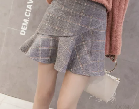 半身裙秋冬韩版百搭荷叶边鱼尾裙包臀裙格子毛...