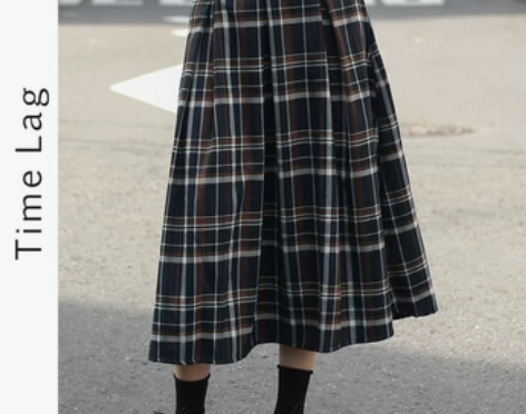 时差 复古格子a字裙中长款高腰显瘦伞裙半身...