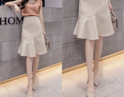 杏色鱼尾裙半身裙女2018年夏天新款荷叶边...