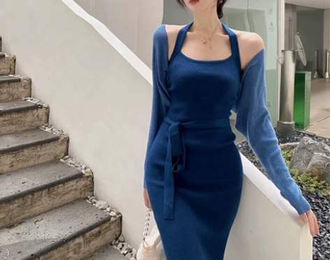 港风复古气质修身针织连衣裙套装高级感开衫c...