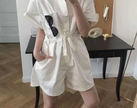 白色工装连体裤女短裤显瘦高腰春秋阔腿休闲夏...