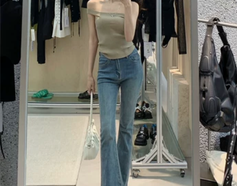 THESVN高腰喇叭牛仔裤女2022年夏新...