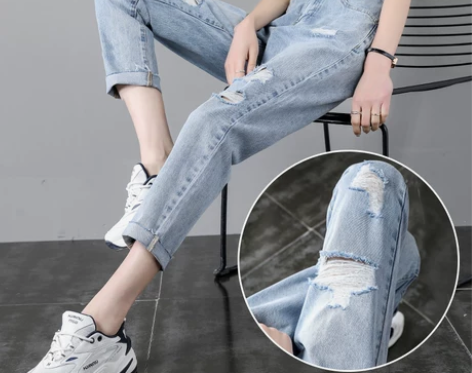 破洞牛仔裤女春装2022年新款高腰夏季薄款...