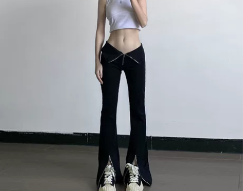 WEEKEEP设计感V型翻布拉链休闲裤女微...